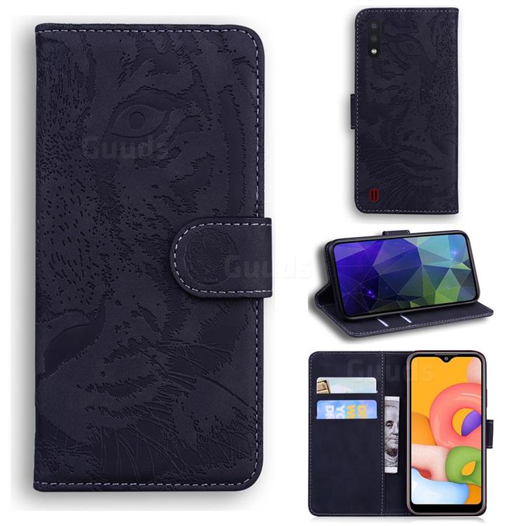 Intricate Embossing Tiger Face Leather Wallet Case for Samsung Galaxy A01 - Black