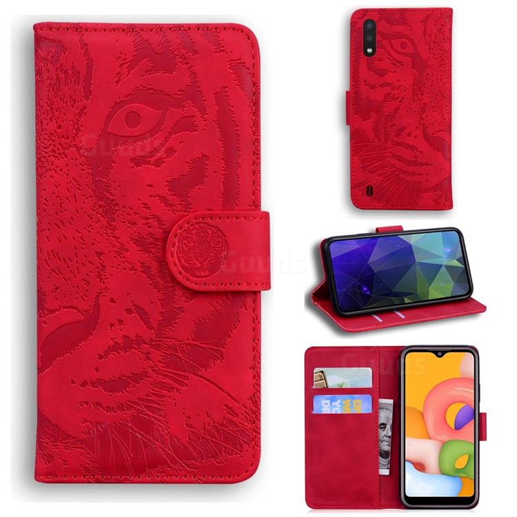 Intricate Embossing Tiger Face Leather Wallet Case for Samsung Galaxy A01 - Red