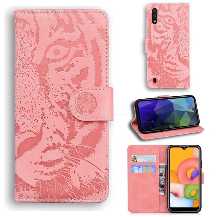 Intricate Embossing Tiger Face Leather Wallet Case for Samsung Galaxy A01 - Pink
