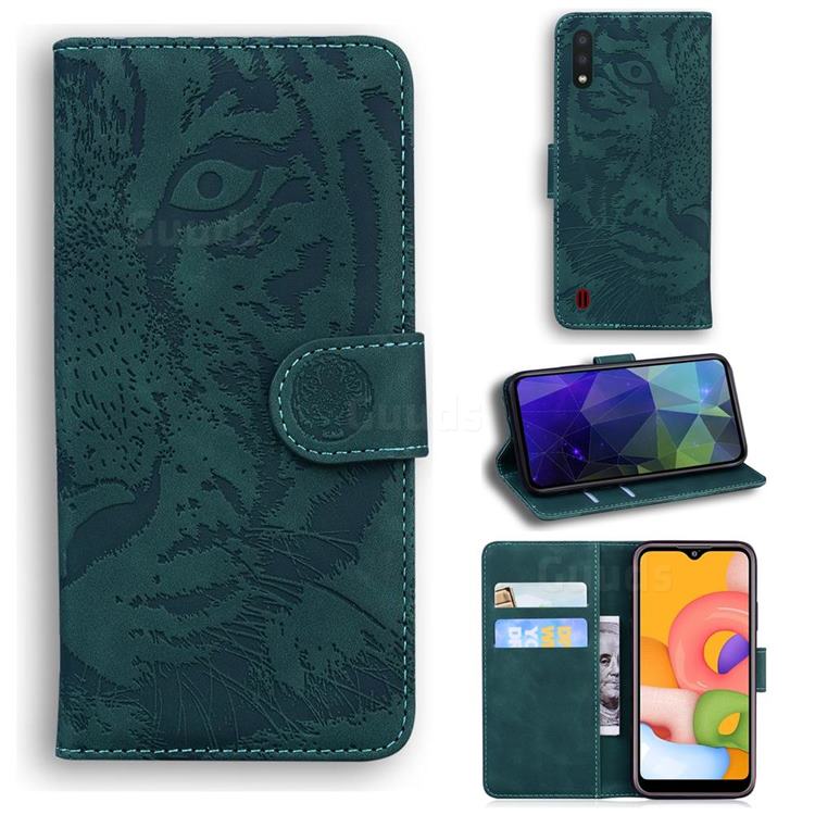 Intricate Embossing Tiger Face Leather Wallet Case for Samsung Galaxy A01 - Green