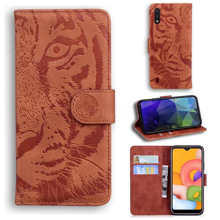 Intricate Embossing Tiger Face Leather Wallet Case for Samsung Galaxy A01 - Brown