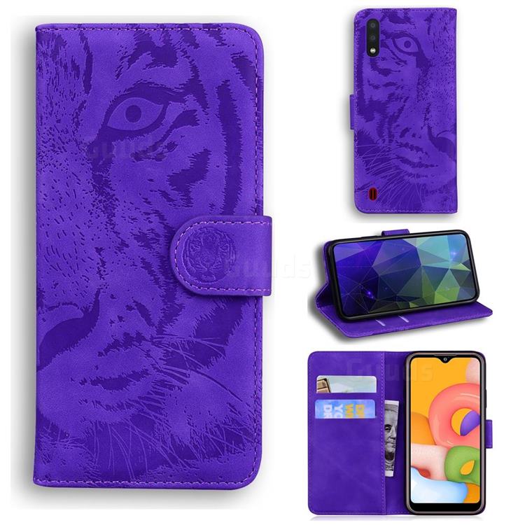Intricate Embossing Tiger Face Leather Wallet Case for Samsung Galaxy A01 - Purple