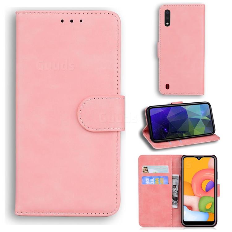 Retro Classic Skin Feel Leather Wallet Phone Case for Samsung Galaxy A01 - Pink