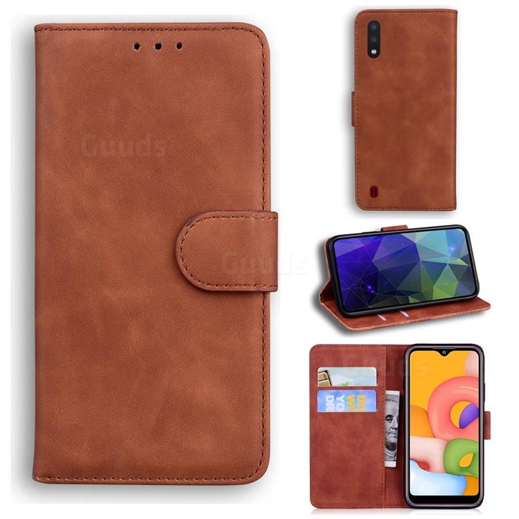 Retro Classic Skin Feel Leather Wallet Phone Case for Samsung Galaxy A01 - Brown