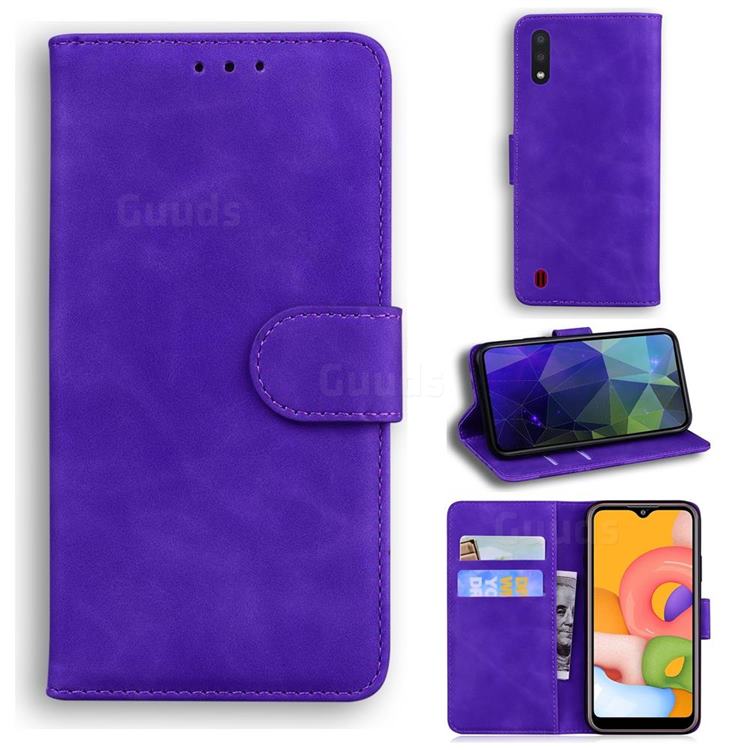 Retro Classic Skin Feel Leather Wallet Phone Case for Samsung Galaxy A01 - Purple