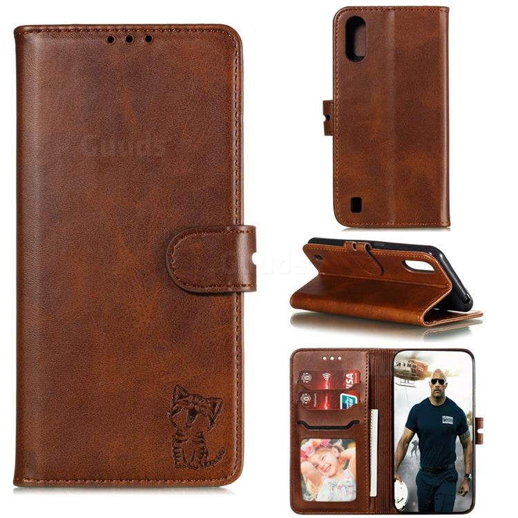 Embossing Happy Cat Leather Wallet Case for Samsung Galaxy A01 - Brown