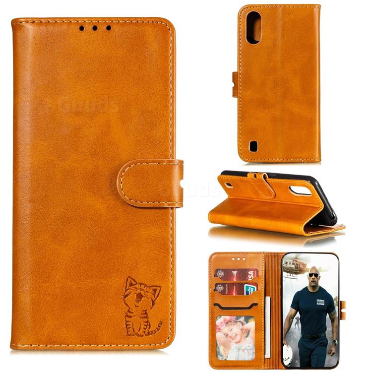 Embossing Happy Cat Leather Wallet Case for Samsung Galaxy A01 - Yellow