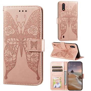 Intricate Embossing Rose Flower Butterfly Leather Wallet Case for Samsung Galaxy A01 - Rose Gold
