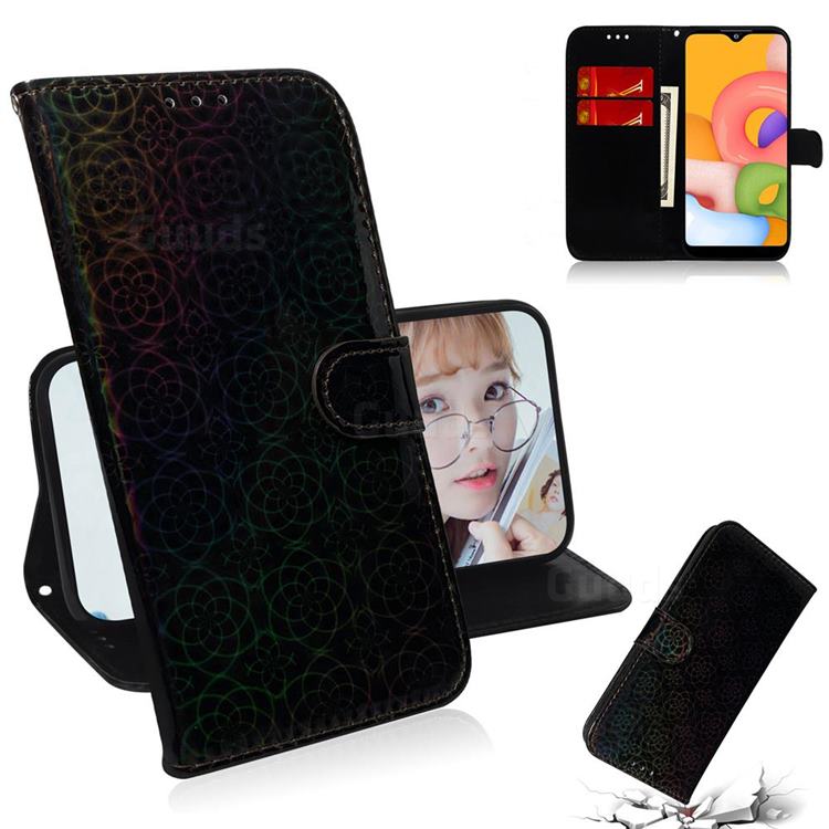 Laser Circle Shining Leather Wallet Phone Case for Samsung Galaxy A01 - Black