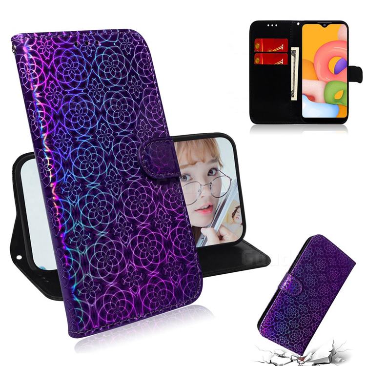 Laser Circle Shining Leather Wallet Phone Case for Samsung Galaxy A01 - Purple