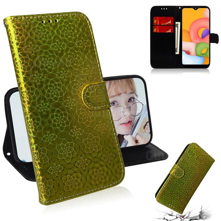 Laser Circle Shining Leather Wallet Phone Case for Samsung Galaxy A01 - Golden