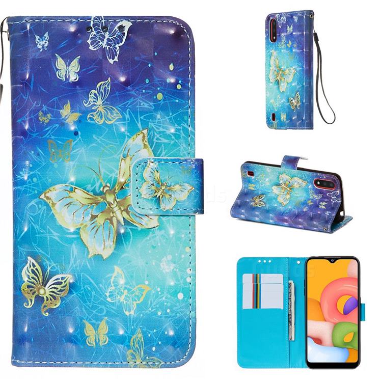 Gold Butterfly 3D Painted Leather Wallet Case for Samsung Galaxy A01