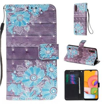 Blue Flower 3D Painted Leather Wallet Case for Samsung Galaxy A01
