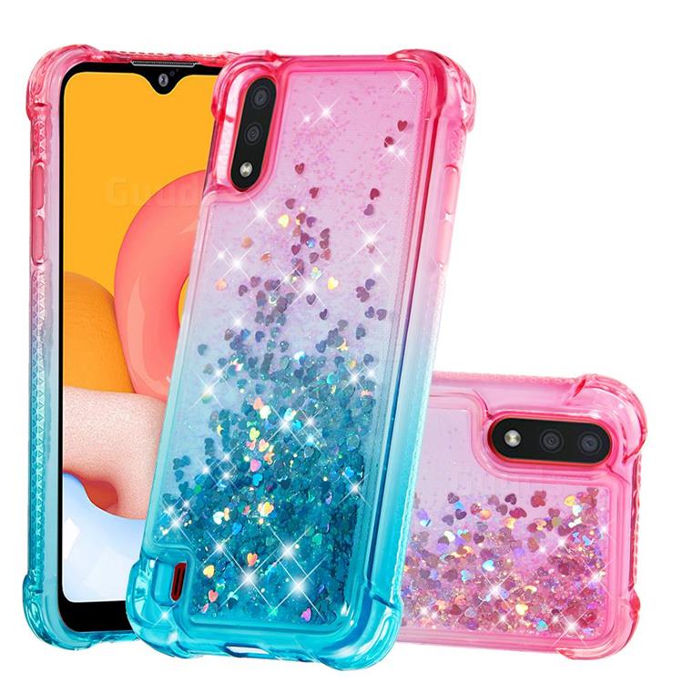 Rainbow Gradient Liquid Glitter Quicksand Sequins Phone Case for Samsung Galaxy A01 - Pink Blue