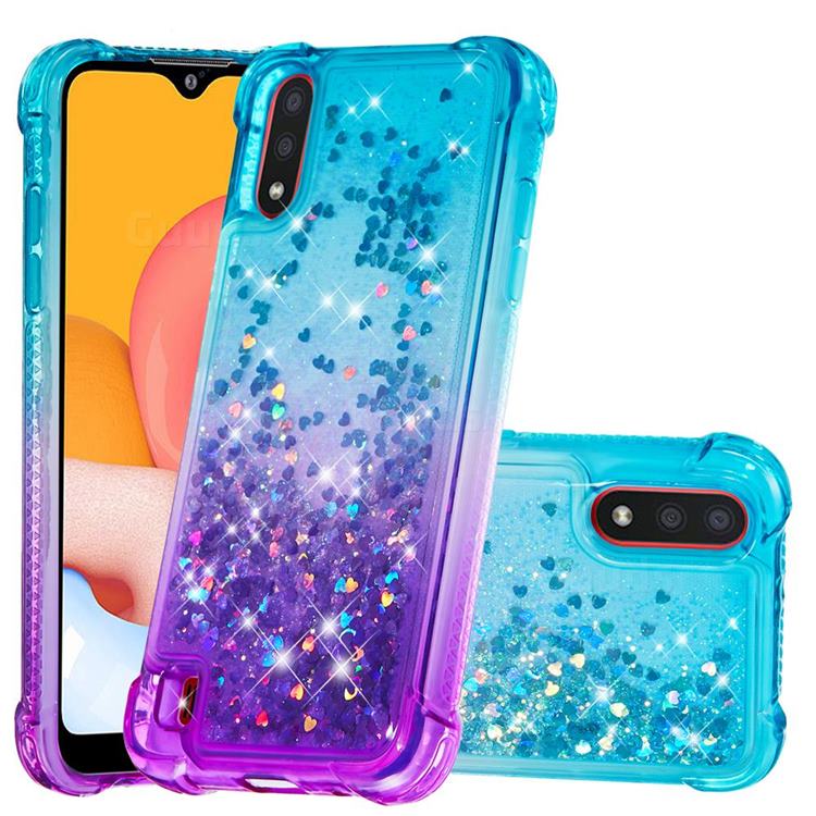 Rainbow Gradient Liquid Glitter Quicksand Sequins Phone Case for Samsung Galaxy A01 - Blue Purple