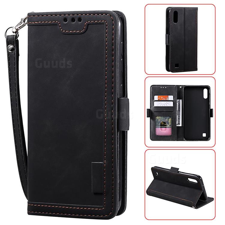 Luxury Retro Stitching Leather Wallet Phone Case for Samsung Galaxy A01 - Black