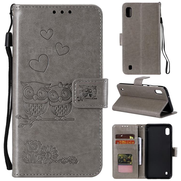 Embossing Owl Couple Flower Leather Wallet Case for Samsung Galaxy A01 - Gray
