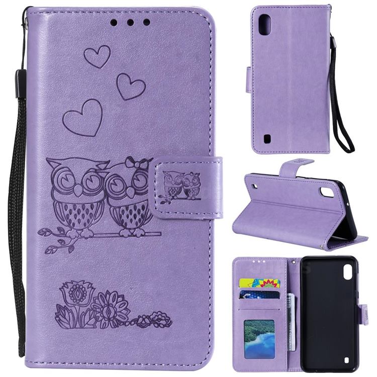 Embossing Owl Couple Flower Leather Wallet Case for Samsung Galaxy A01 - Purple