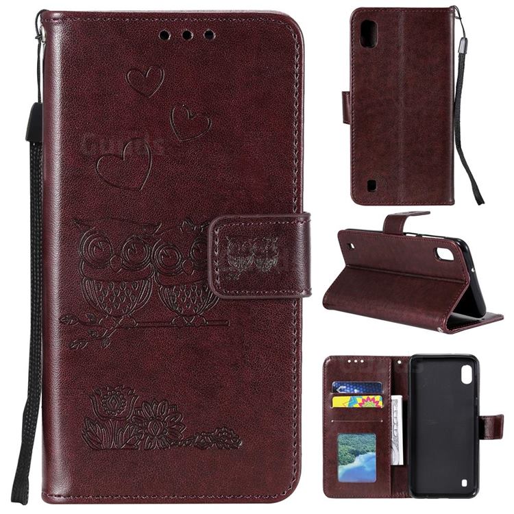 Embossing Owl Couple Flower Leather Wallet Case for Samsung Galaxy A01 - Brown