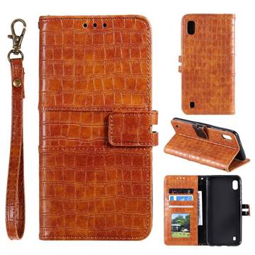 Luxury Crocodile Magnetic Leather Wallet Phone Case for Samsung Galaxy A01 - Brown