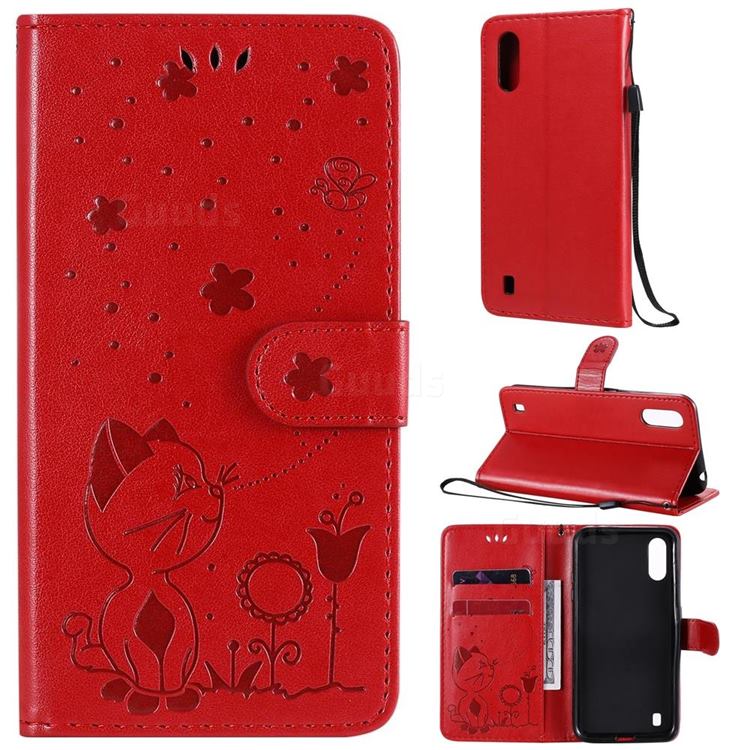 Embossing Bee and Cat Leather Wallet Case for Samsung Galaxy A01 - Red