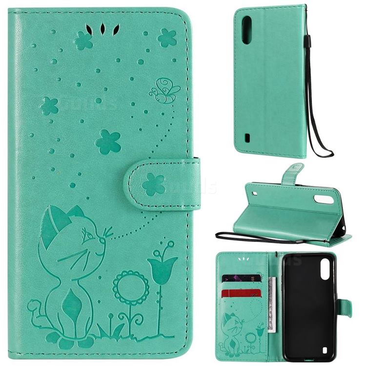 Embossing Bee and Cat Leather Wallet Case for Samsung Galaxy A01 - Green