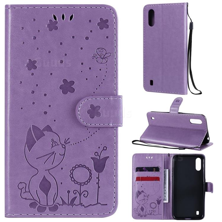 Embossing Bee and Cat Leather Wallet Case for Samsung Galaxy A01 - Purple