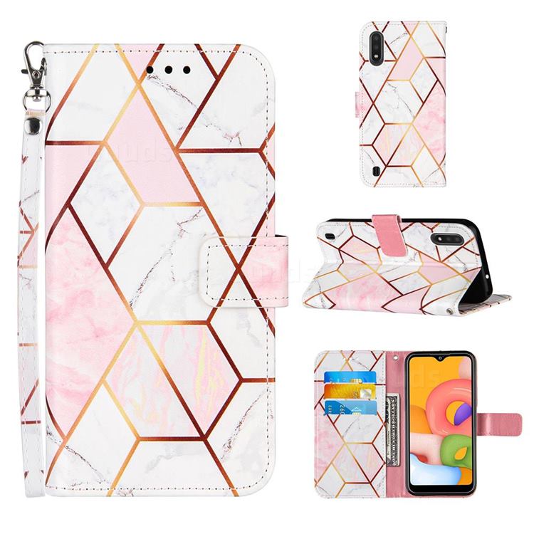 Pink White Stitching Color Marble Leather Wallet Case for Samsung Galaxy A01