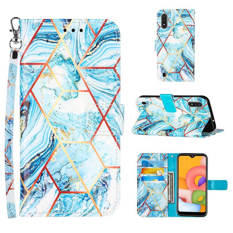 Lake Blue Stitching Color Marble Leather Wallet Case for Samsung Galaxy A01