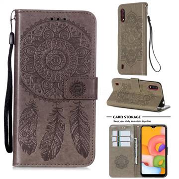 Embossing Dream Catcher Mandala Flower Leather Wallet Case for Samsung Galaxy A01 - Gray
