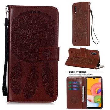 Embossing Dream Catcher Mandala Flower Leather Wallet Case for Samsung Galaxy A01 - Brown