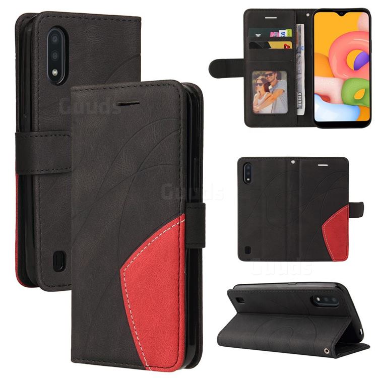 Luxury Two-color Stitching Leather Wallet Case Cover for Samsung Galaxy A01 - Black
