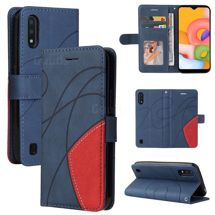 Luxury Two-color Stitching Leather Wallet Case Cover for Samsung Galaxy A01 - Blue