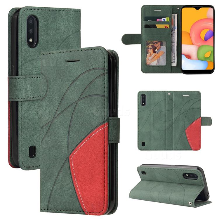 Luxury Two-color Stitching Leather Wallet Case Cover for Samsung Galaxy A01 - Green