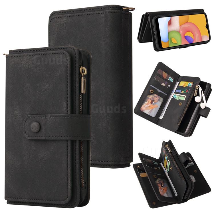 Luxury Multi-functional Zipper Wallet Leather Phone Case Cover for Samsung Galaxy A01 - Black
