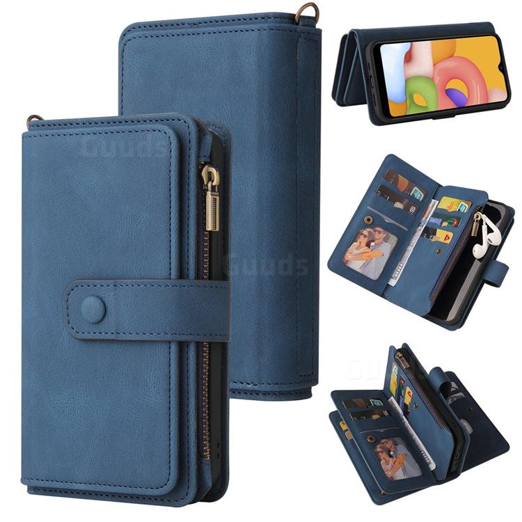 Luxury Multi-functional Zipper Wallet Leather Phone Case Cover for Samsung Galaxy A01 - Blue