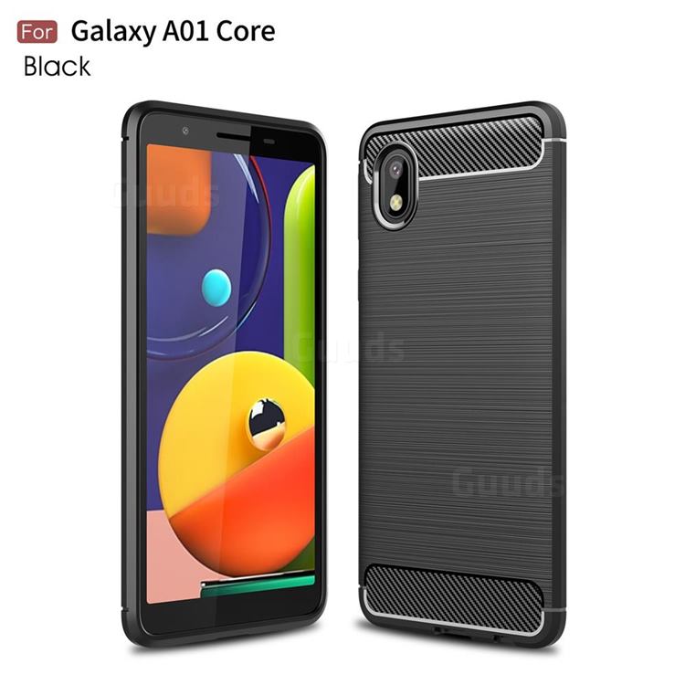 Luxury Carbon Fiber Brushed Wire Drawing Silicone TPU Back Cover for Samsung Galaxy A01 Core - Black