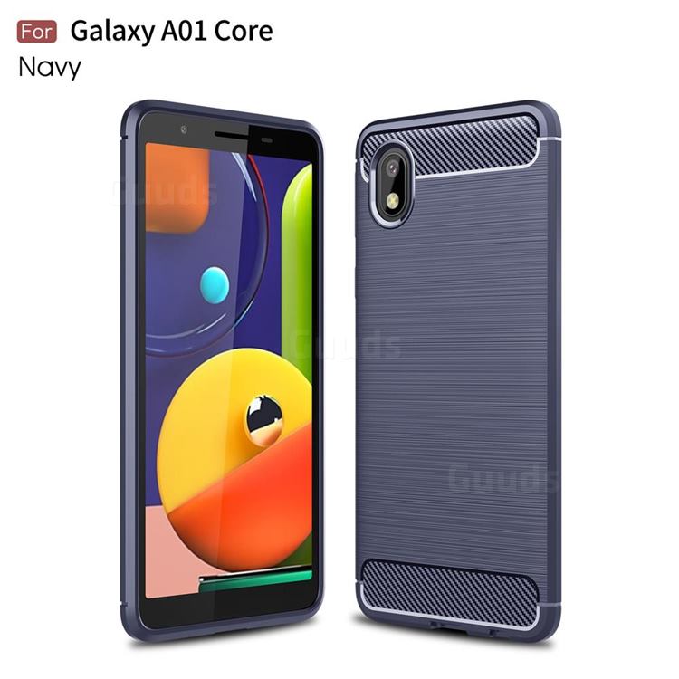 Luxury Carbon Fiber Brushed Wire Drawing Silicone TPU Back Cover for Samsung Galaxy A01 Core - Navy