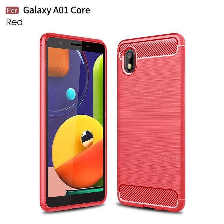 Luxury Carbon Fiber Brushed Wire Drawing Silicone TPU Back Cover for Samsung Galaxy A01 Core - Red