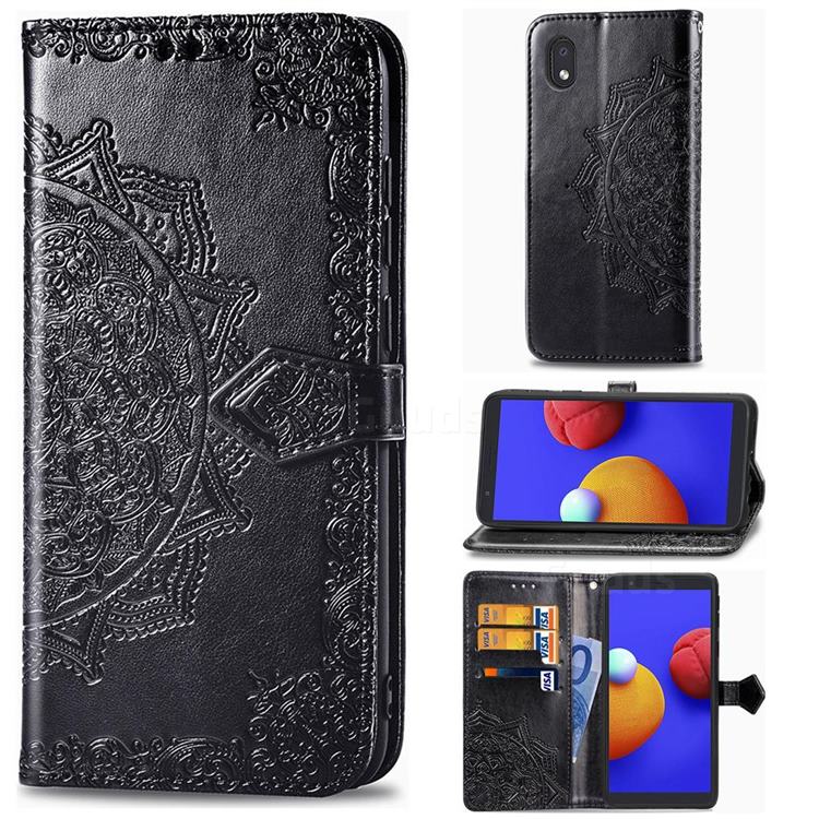 Embossing Imprint Mandala Flower Leather Wallet Case for Samsung Galaxy A01 Core - Black