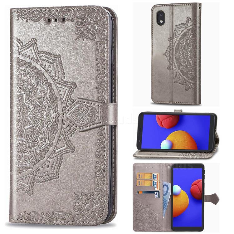 Embossing Imprint Mandala Flower Leather Wallet Case for Samsung Galaxy A01 Core - Gray