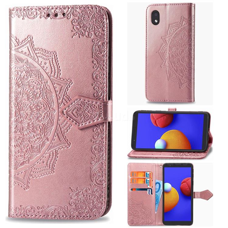 Embossing Imprint Mandala Flower Leather Wallet Case for Samsung Galaxy A01 Core - Rose Gold