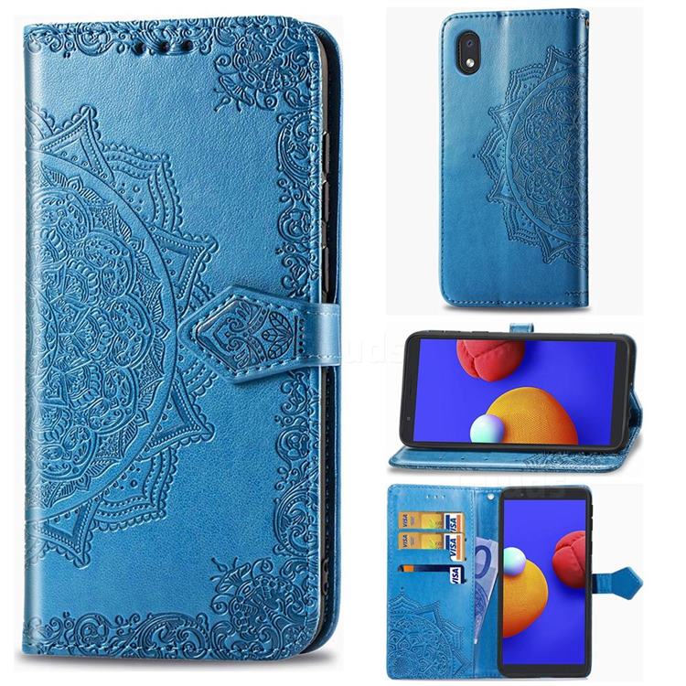 Embossing Imprint Mandala Flower Leather Wallet Case for Samsung Galaxy A01 Core - Blue