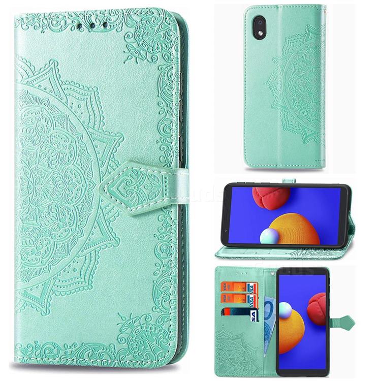 Embossing Imprint Mandala Flower Leather Wallet Case for Samsung Galaxy A01 Core - Green