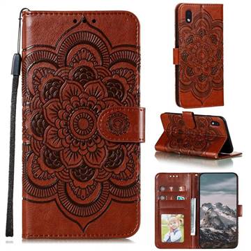 Intricate Embossing Datura Solar Leather Wallet Case for Samsung Galaxy A01 Core - Brown
