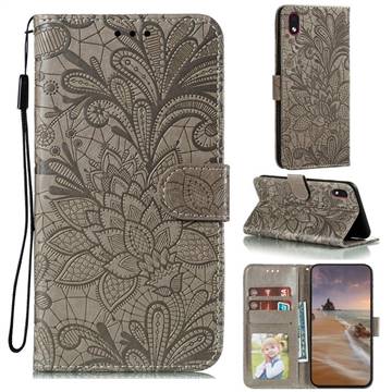Intricate Embossing Lace Jasmine Flower Leather Wallet Case for Samsung Galaxy A01 Core - Gray