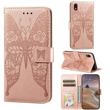 Intricate Embossing Rose Flower Butterfly Leather Wallet Case for Samsung Galaxy A01 Core - Rose Gold