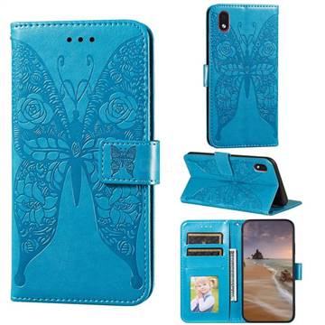 Intricate Embossing Rose Flower Butterfly Leather Wallet Case for Samsung Galaxy A01 Core - Blue