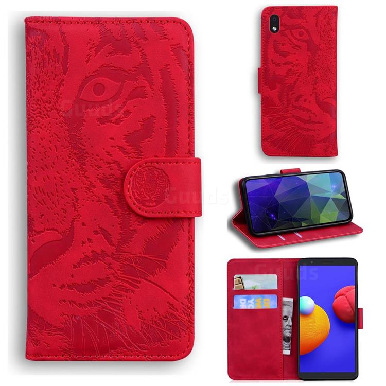 Intricate Embossing Tiger Face Leather Wallet Case for Samsung Galaxy A01 Core - Red
