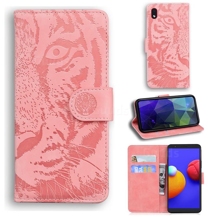 Intricate Embossing Tiger Face Leather Wallet Case for Samsung Galaxy A01 Core - Pink